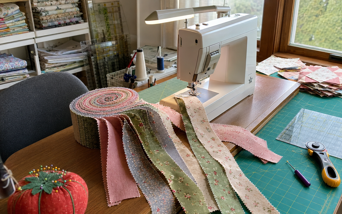 Jelly roll fabric strips arranged for piecing in a lived-in home quilting room