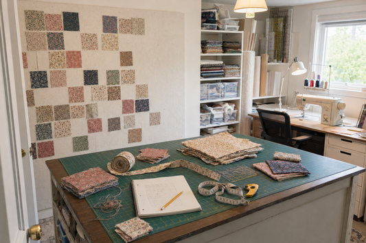 Charm packs, jelly rolls, layer cake squares, and fat quarters arranged for planning a quilt